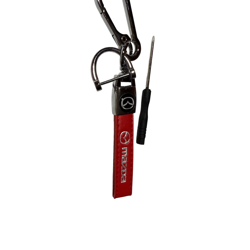 Mazda Red Faux Leather Keychain Silver Embroidered Logo with Mini Screwdriver